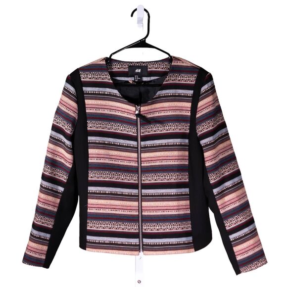 H&M Womens Jacket Striped Navajo Aztec Full Zip Stretch Boho Long Sleeve Size 16 - Picture 1 of 9